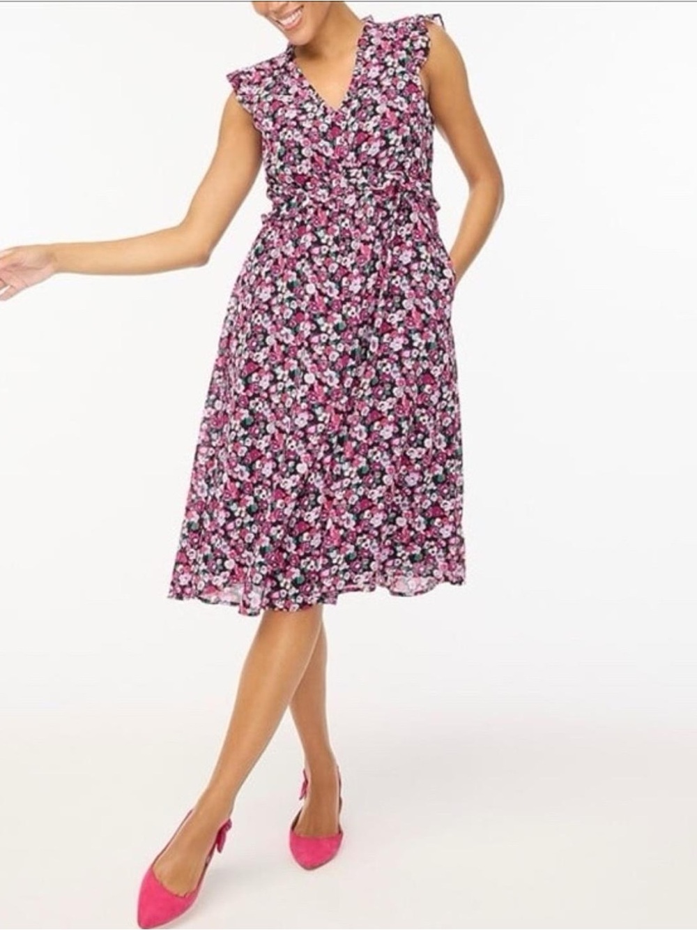 J.Crew Floral Wrap Maxi Dress Pink Black Ruffle Sleeve Women Small